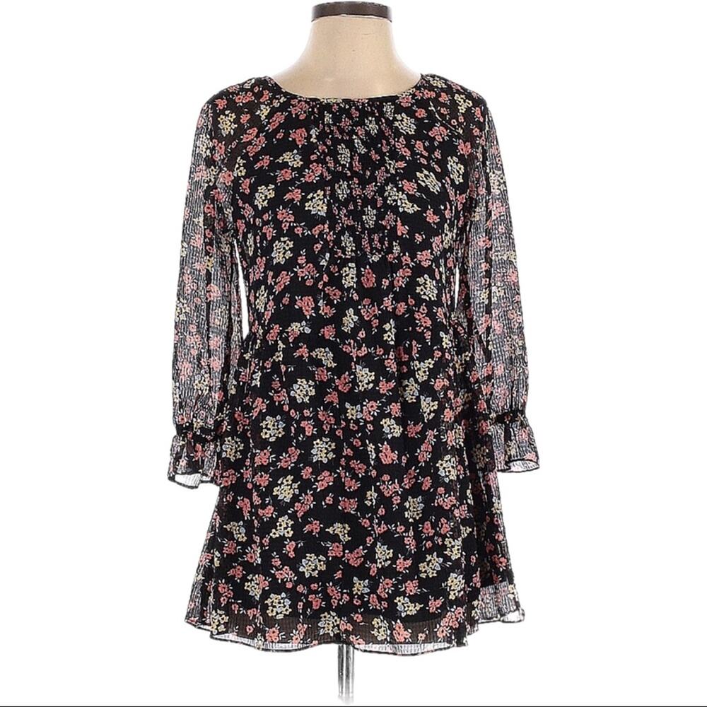 Free People Sheer Long Sleeve Floral Dress Women’s Size 0 Black Pink Yellow
